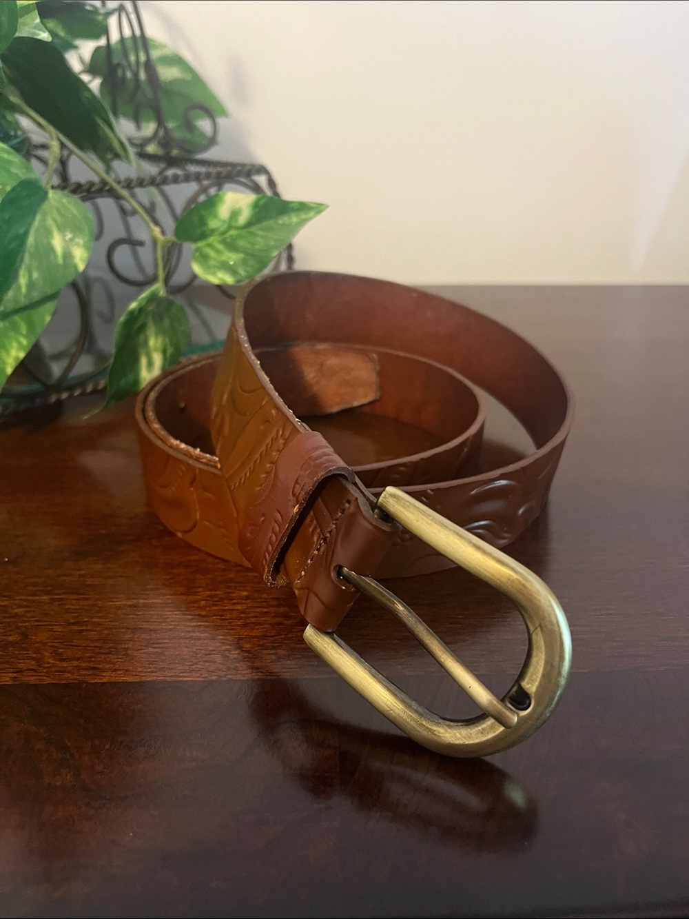 Patricia Nash Embossed Brown Leather Belt with Brass-Tone Buckle